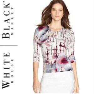 White House Black Market Women Cardigan Floral 3/4 Sleeve Snap Buttons up